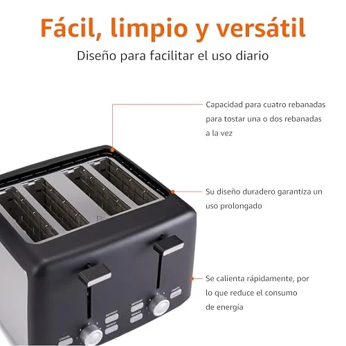 Amazon Basics ▫️ Torradeira para 4 fatias, com 7 níveis de torragem e tabuleiro removível para migalhas, ranhuras extra largas, 1500 W, preta 4