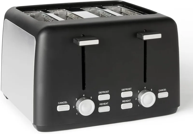 Amazon Basics ▫️ Torradeira de 4 fatias com 7 níveis de tostagem e tabuleiro para migalhas amovível, ranhuras extra largas, 1500 W, preto