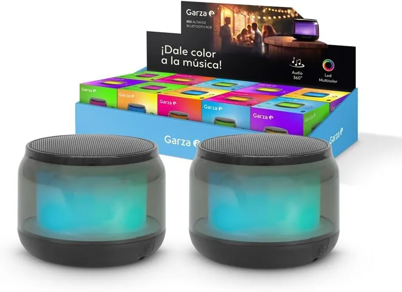 Garza ▫️ Conjunto de 2 colunas portáteis Rio com 15 modos de luz LED multicolorida, som de 360º a 75 dB, Bluetooth, mãos-livres, USB-C e Micro SD, design compacto em preto, ideal para festas e uso ao ar livre
