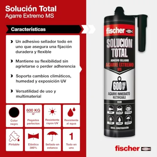 fischer ▫️ Solução Total de Fixação Extrema 600 kg Preto 290 ml | Cola forte | Adesivo e selante de polímero MS | Para uso interior e exterior | Pintável e resistente a impactos 4