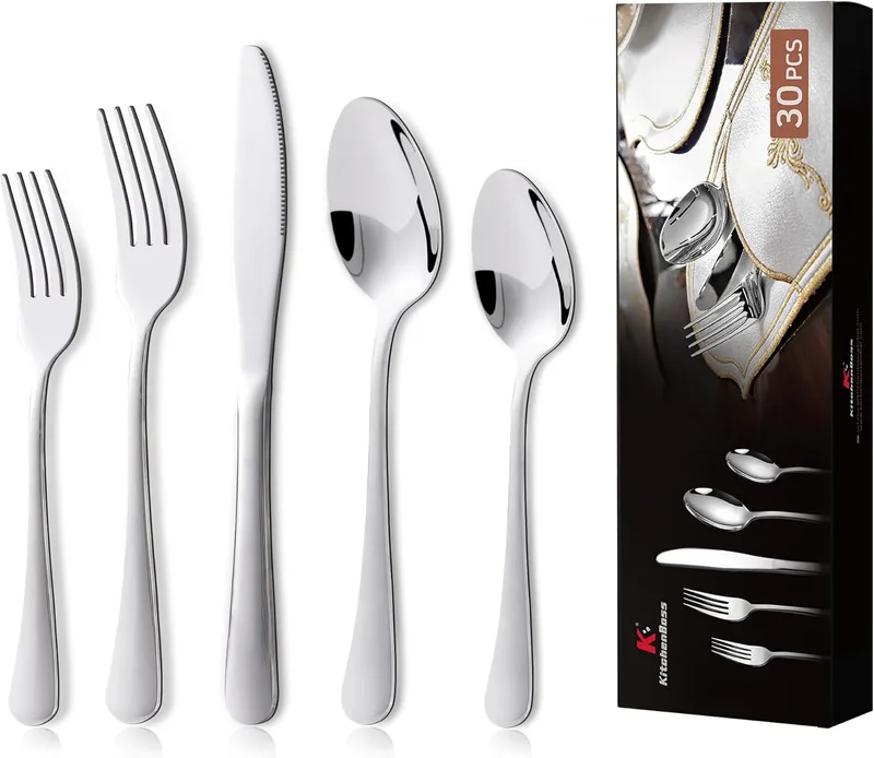 KitchenBoss ▫️ Talheres em aço inoxidável: Conjunto completo de talheres para 6 pessoas, Conjunto de talheres 30 peças, lavável na máquina de lavar louça, cor prata