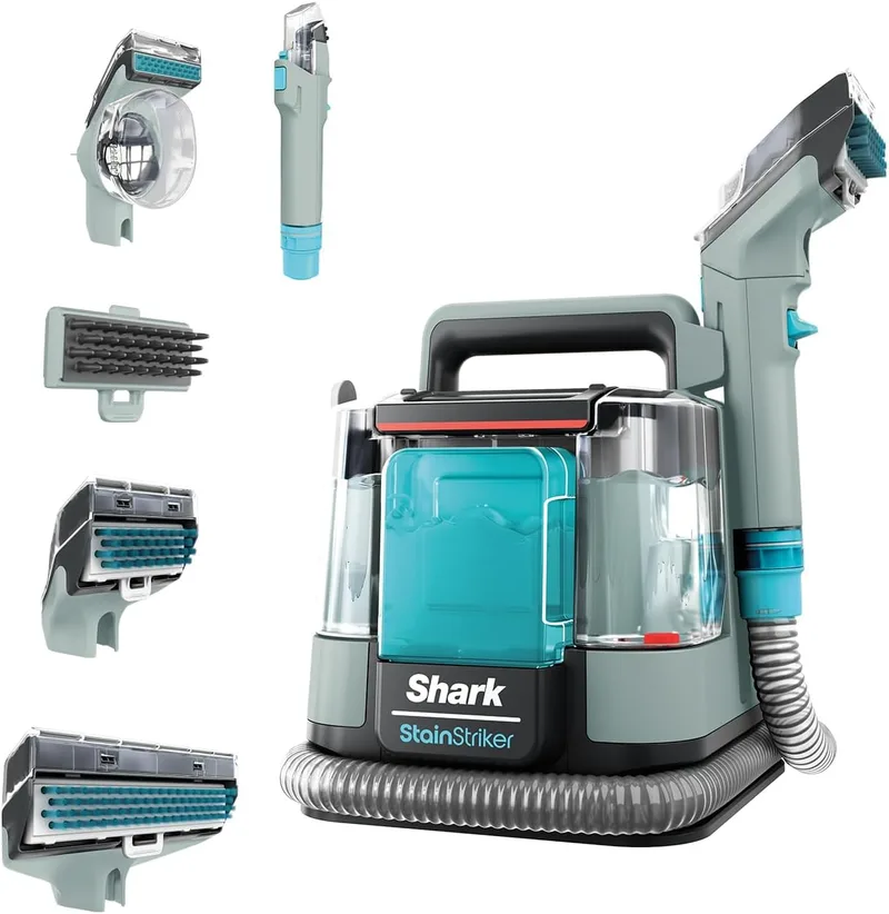 Shark ▫️ Limpador de nódoas StainStriker com 5 acessórios, mini escova para pêlos de animais, bocal estreito, tubo de limpeza, 2 soluções de limpeza incluídas, 450 W, leve, cinzento, PX200EUCP
