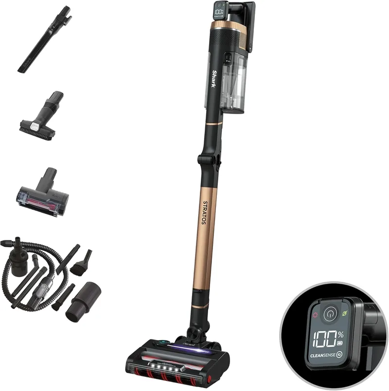 Shark ▫️ Aspirador sem fios Stratos, autonomia de 60 min, tecnologia anti-cabelo, Clean Sense IQ, PowerFins Plus, kit de limpeza para automóvel, bocal estreito, escova multi-superfícies, cobre IZ400EUTBK