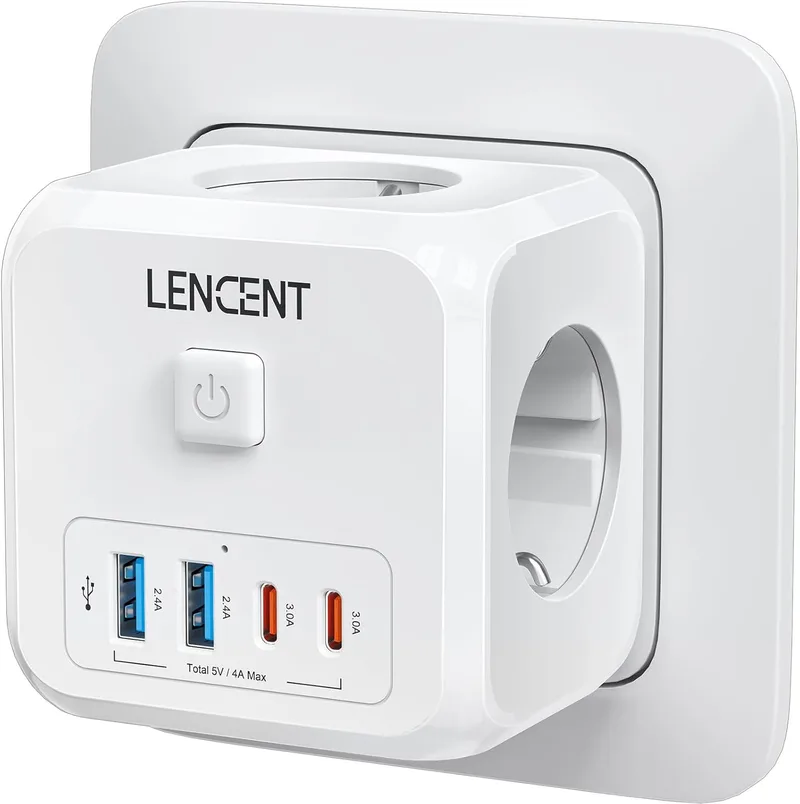 LENCENT ▫️ Multitoma USB 7 em 1, Multitoma de 4000 W, Multiprise | Multiprise de parede com 3 tomadas CA, 2 USB-A, 2 Tipo C e interruptor, carregador para escritório, cozinha e quarto, branco