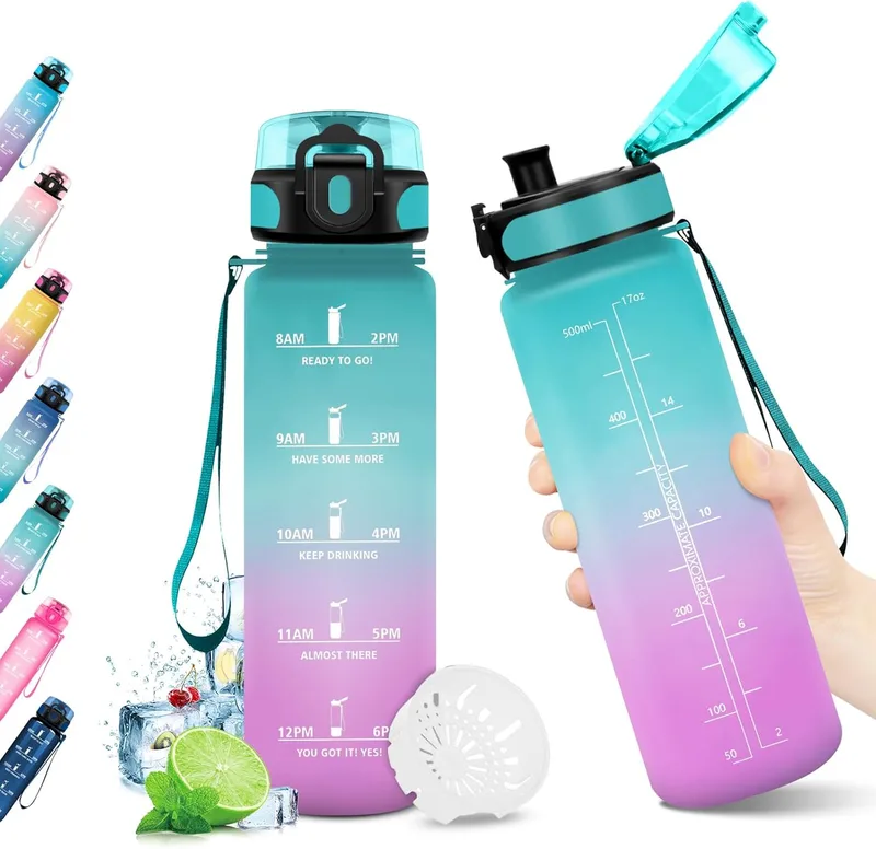 KollyKolla ▫️ Garrafa de água infantil 500ml, garrafa de água motivacional, sem BPA, à prova de fugas, garrafa de água reutilizável para crianças, adultos, escola, ginásio, escritório, escritório, bicicleta, ginásio, fitness