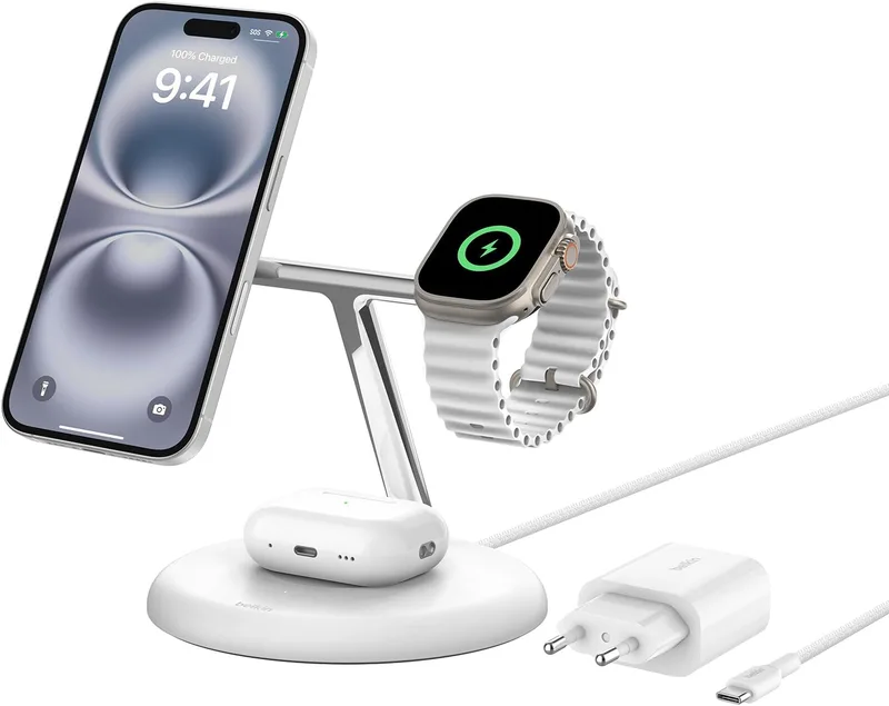 Suporte de carregamento sem fios 3 em 1 da Belkin com MagSafe, carregador magnético Qi2, 15 W, carregamento rápido para iPhone 17, Air, Pixelsnap, AirPods, Apple Watch (fonte de alimentação incluída) - Branco
