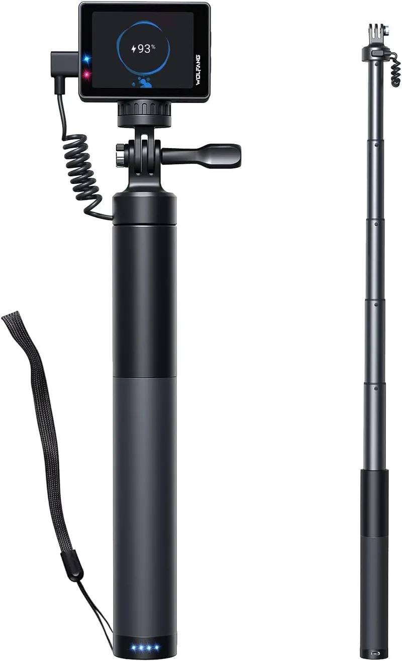 WOLFANG ▫️ Bastão para selfies Action CAM Carregue a sua câmara de ação com 2600 mAh (24-60 cm), cor preta GB2200