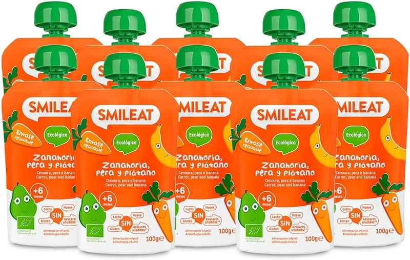 SMILEAT EAT & SMILE ▫️ Smileat - Embalagem de 10 saquetas de fruta biológica - Sem sal, sem adição de açúcar, sem glúten - Lanche prático para crianças - Sabores de cenoura, pera e banana
