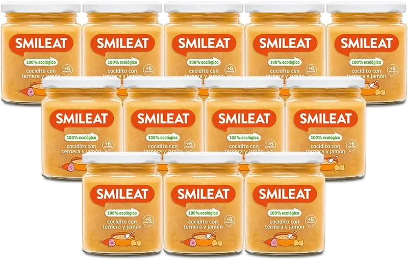Smileat ▫️ Embalagem de 12 boiões de Cocidito com Carne de Vaca e Fiambre - para Crianças +6 Meses - Sem Açúcar nem Sal - Matéria Prima de Qualidade. Textura suave e fácil de comer - 230g