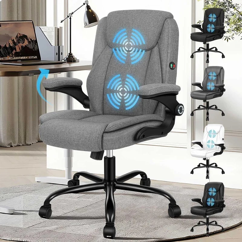 ALFORDSON ▫️ Cadeira de escritório executiva com massagem, cadeira ergonómica de secretária com braços rebatíveis, função de inclinação, encosto médio, para uso doméstico, computador, receção, tecido de linho (cinzento)