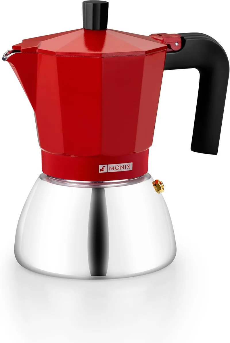 Monix ▫️ Induction Inox | Cafeteira italiana em alumínio e aço inoxidável, capacidade para 9 chávenas, pega resistente ao calor, fácil de lavar, adequada para todos os tipos de fogões, incluindo os de indução, cor vermelha