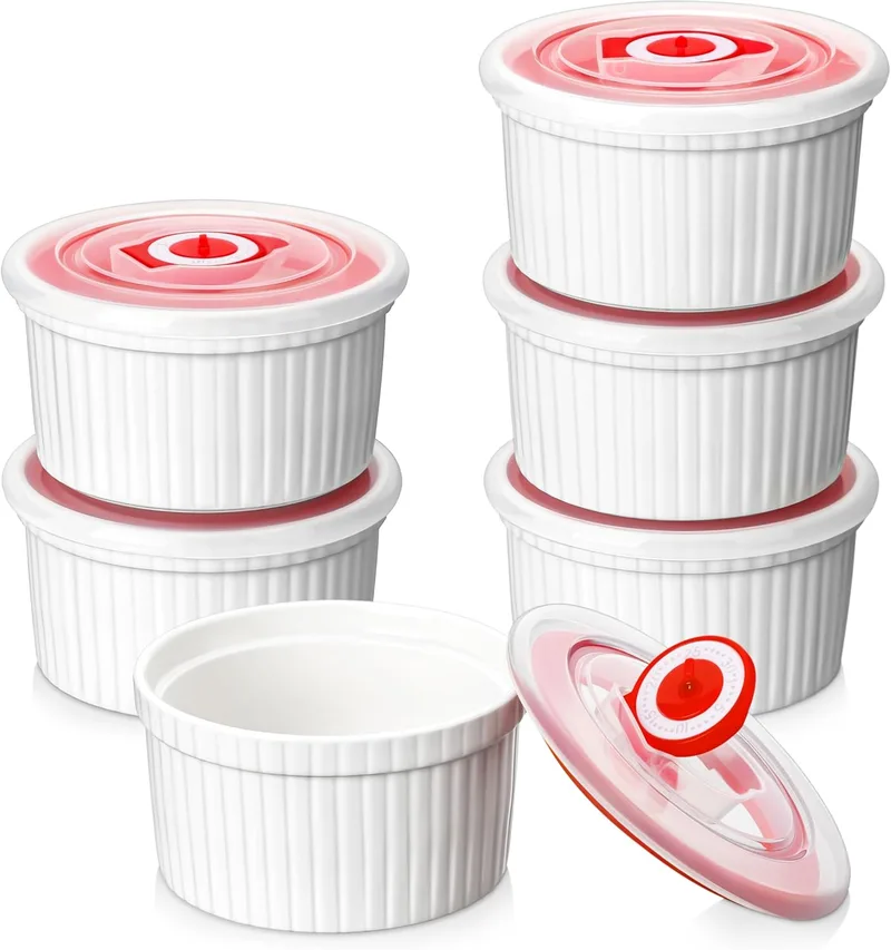 MALACASA ▫️ Ramequins de porcelana branca com tampas de 8 onças, conjunto de 6 taças de cerâmica para crème brulee, laváveis na máquina de lavar louça e no forno, série RAMEKIN