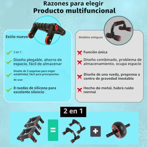 AOUZEA ▫️ 2 em 1: Pega para flexões com função de roda abdominal - Rolo dobrável - Inclui uma pega antiderrapante e confortável, luvas antiderrapantes e corda de saltos 4