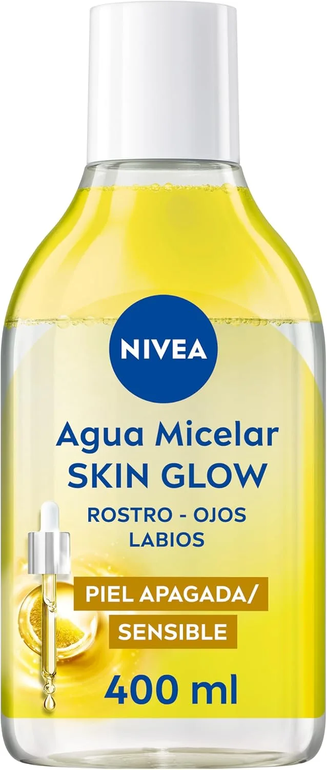 NIVEA ▫️ Água Micelar Bifásica Skin Glow - Produto de limpeza facial - Com 5% de sérum de vitaminas C e E - Desmaquilhante para olhos, rosto e lábios - Energizante - Iluminador - Hidratante - Pele baça e sensível - 400 ml