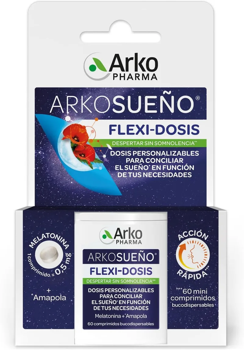 Arkopharma ▫️ Arkosueño Flexi-Dosis 60 Comprimidos, Melatonina 0,5 mg, Papoila