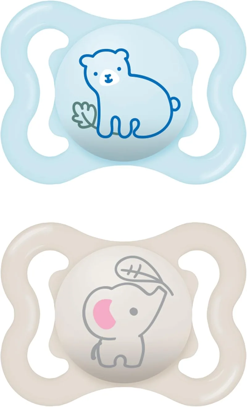 MAM ▫️ Chupeta Air para bebés dos 2 aos 6 meses, azul mate, 2 unidades | Com base ventilada e tetina simétrica, plana e flexível em silicone Skin Soft, de fácil aceitação