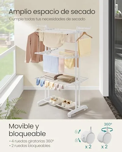 SONGMICS ▫️ Estendal dobrável de 4 níveis, com rodas e abas dobráveis 3