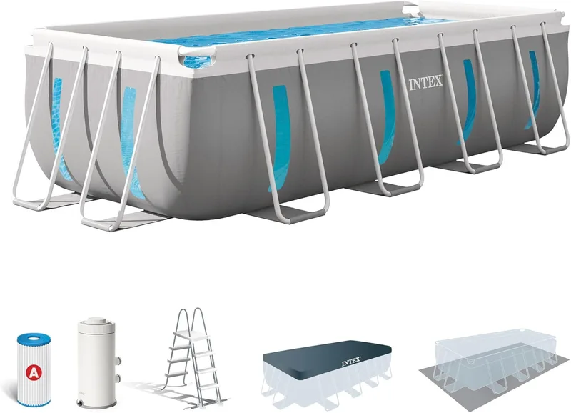Intex ▫️ Piscina desmontável retangular Prism Frame, 400x200x122 cm, material de camada tripla, capacidade 8.418 L, janela panorâmica, cobertura, cobertura, filtro de cartucho, escada (56029)