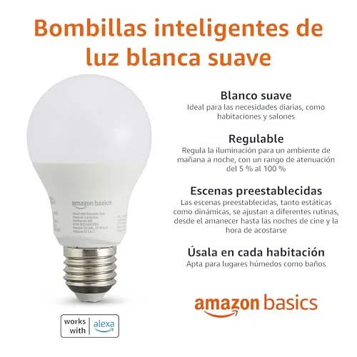 Amazon Basics ▫️ Lâmpada LED inteligente regulável, casquilho E27, branco suave, 8 W (equivalente a 60 W), funciona apenas com a Alexa, embalagem com 2 unidades 2