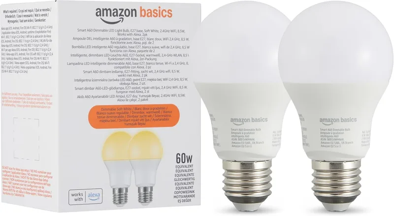 Amazon Basics ▫️ Lâmpada LED inteligente regulável, casquilho E27, branco suave, 8 W (equivalente a 60 W), funciona apenas com a Alexa, embalagem com 2 unidades