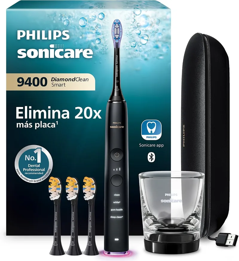 PHILIPS ▫️ Escova de dentes elétrica Sonicare DiamondClean Smart 9400, sónica com aplicação, sensor de pressão, 4 modos de escovagem e 3 níveis de intensidade, preta, modelo HX9918/89