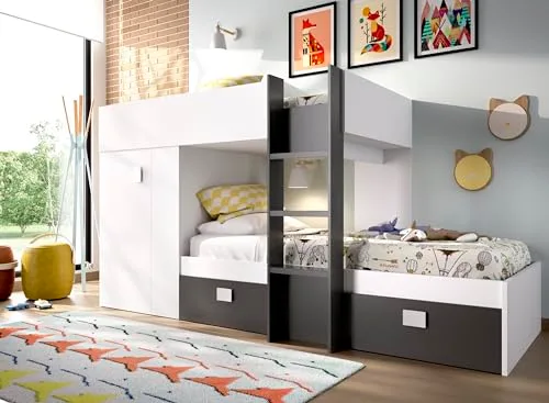 DEKIT GRUPO RIMOBEL ▫️ GROE - Cama em forma de comboio com 2 camas para jovens - Branco / Grafite - 150x271x111 cm 2