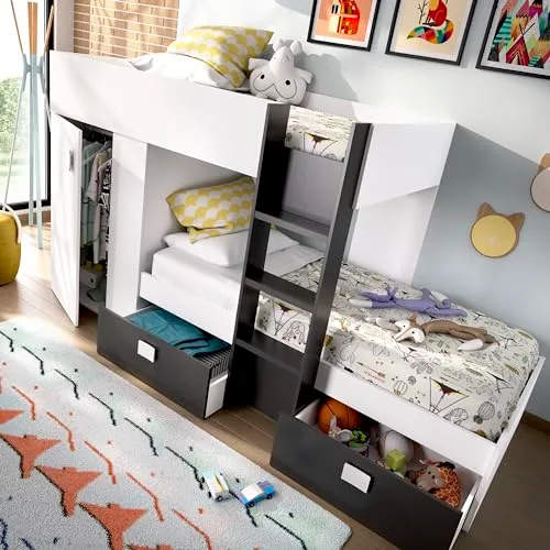 DEKIT GRUPO RIMOBEL ▫️ GROE - Cama em forma de comboio com 2 camas para jovens - Branco / Grafite - 150x271x111 cm 6