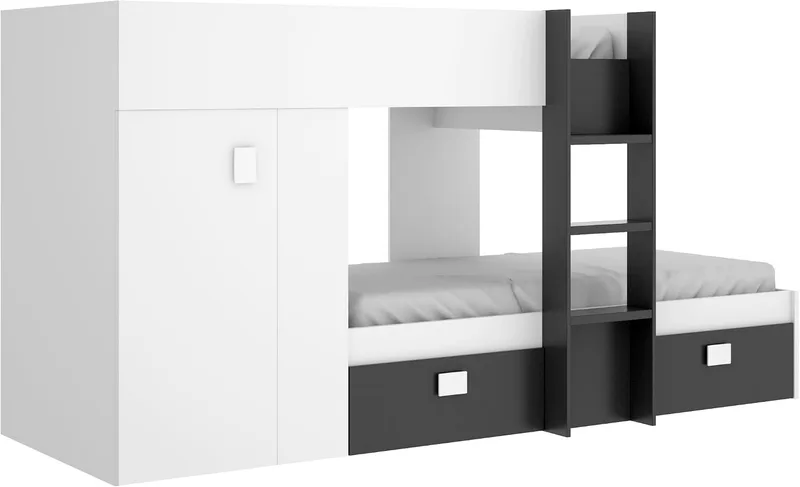 DEKIT GRUPO RIMOBEL ▫️ GROE - Cama em forma de comboio com 2 camas para jovens - Branco / Grafite - 150x271x111 cm