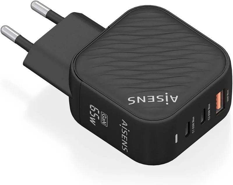 AISENS ▫️ ASCH-65W3P027-BK - Carregador GAN 65W, 2XUSB-C PD3.0 QC4.0, 1XUSB-A QC3.0, Preto