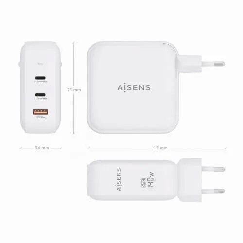 AISENS ▫️ ASCH-140W3P030-W - Carregador GAN de 140 W, 2 portas USB-C PD 3.1 QC 4.0, 1 porta USB-A QC 3.0, Branco 4