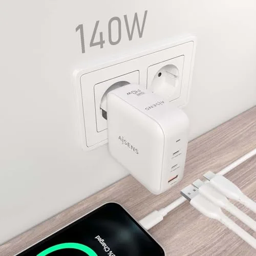 AISENS ▫️ ASCH-140W3P030-W - Carregador GAN de 140 W, 2 portas USB-C PD 3.1 QC 4.0, 1 porta USB-A QC 3.0, Branco 5