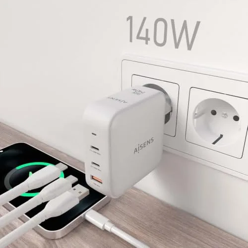 AISENS ▫️ ASCH-140W3P030-W - Carregador GAN de 140 W, 2 portas USB-C PD 3.1 QC 4.0, 1 porta USB-A QC 3.0, Branco 6