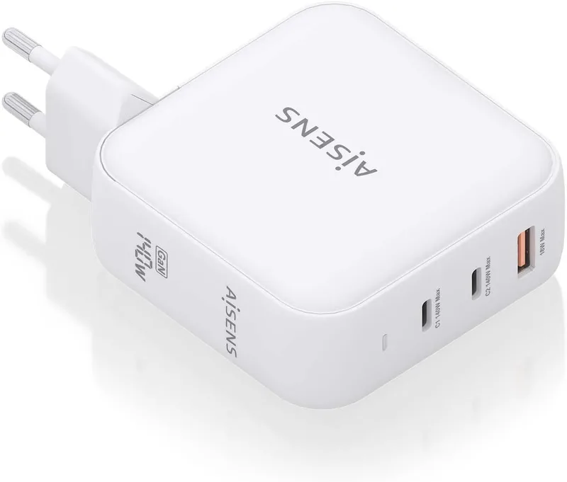 AISENS ▫️ ASCH-140W3P030-W - Carregador GAN de 140 W, 2 portas USB-C PD 3.1 QC 4.0, 1 porta USB-A QC 3.0, Branco