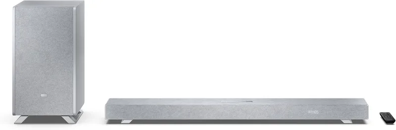 Sharp ▫️ HT-SBW53121(SL) Soundbar 3.1.2 Dolby Atmos/DTS:X, subwoofer sem fios, barra de som elegante e potente com altifalantes que emitem o som para cima, som envolvente 3D. Potência máxima de 550 W, cor cinzenta