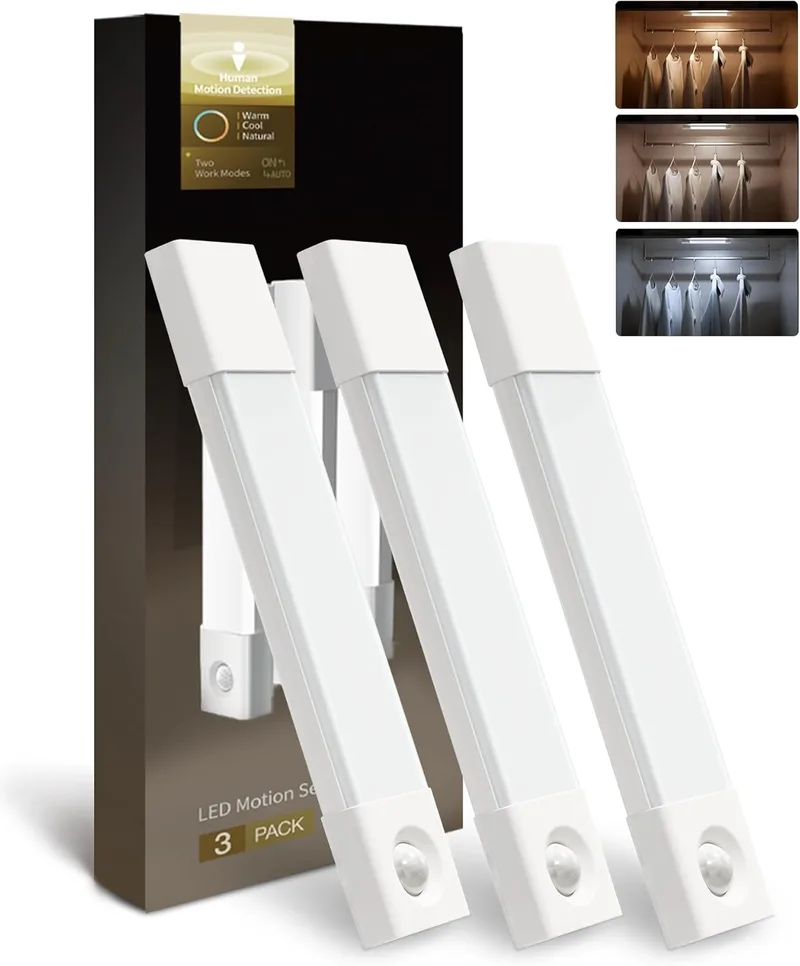 EZVALO ▫️ 20CM(3pcs) Luz LED com sensor de movimento, Luz de armário com íman com 3 temperaturas de cor, Luzes recarregáveis USB para cozinha, roupeiro, quarto