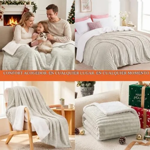 Aisbo ▫️ Manta de Inverno para Cama 180/200, Sherpa de Flanela Reversível com Forro Polar e Cordão para Sofá, Manta Grossa, Macia, Quente, para Poltrona, Respirável para o Inverno (Bege, 220 x 240 cm) 6