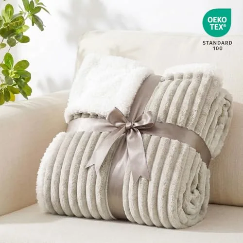 Aisbo ▫️ Manta de Inverno para Cama 180/200, Sherpa de Flanela Reversível com Forro Polar e Cordão para Sofá, Manta Grossa, Macia, Quente, para Poltrona, Respirável para o Inverno (Bege, 220 x 240 cm) 7