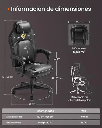 SONGMICS HOME ▫️ Cadeira de jogos, cadeira de corrida ergonómica para computador com apoio para os pés, com apoio para a cabeça, couro sintético, altura ajustável, preto escuro OBG072B01 2
