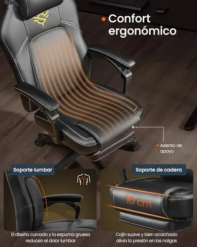 SONGMICS HOME ▫️ Cadeira de jogos, cadeira de corrida ergonómica para computador com apoio para os pés, com apoio para a cabeça, couro sintético, altura ajustável, preto escuro OBG072B01 3
