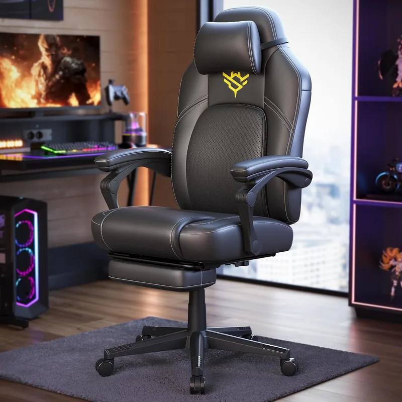 SONGMICS HOME ▫️ Cadeira de jogos, cadeira de corrida ergonómica para computador com apoio para os pés, com apoio para a cabeça, couro sintético, altura ajustável, preto escuro OBG072B01