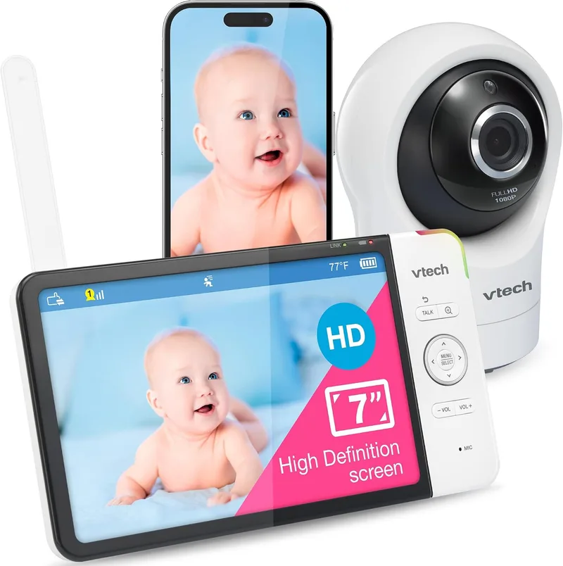 VTech ▫️ RM7764HD Monitor de bebés com acesso remoto por Wi-Fi 1080p, panorâmica e inclinação de 360°, ecrã HD 720p de 7", visão noturna HD, sons relaxantes, comunicação bidirecional