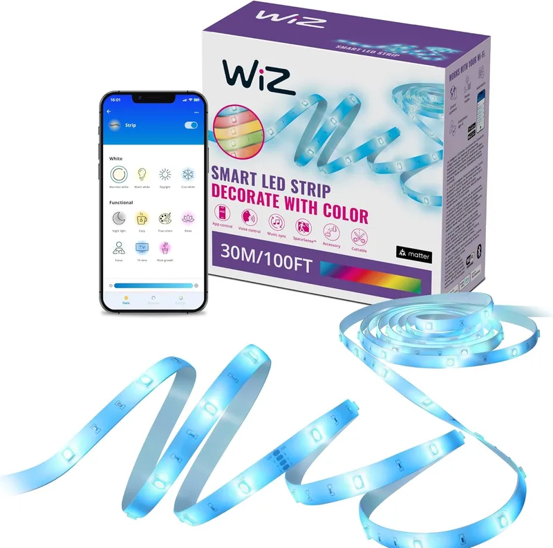 WiZ ▫️ Smart LED Strip 30m, RGB, incluindo fonte de alimentação, até 16 milhões de cores, ligada via WIFI, com tecnologia SpaceSense, controlo via App ou Voz e compatível com Alexa e Google Home.