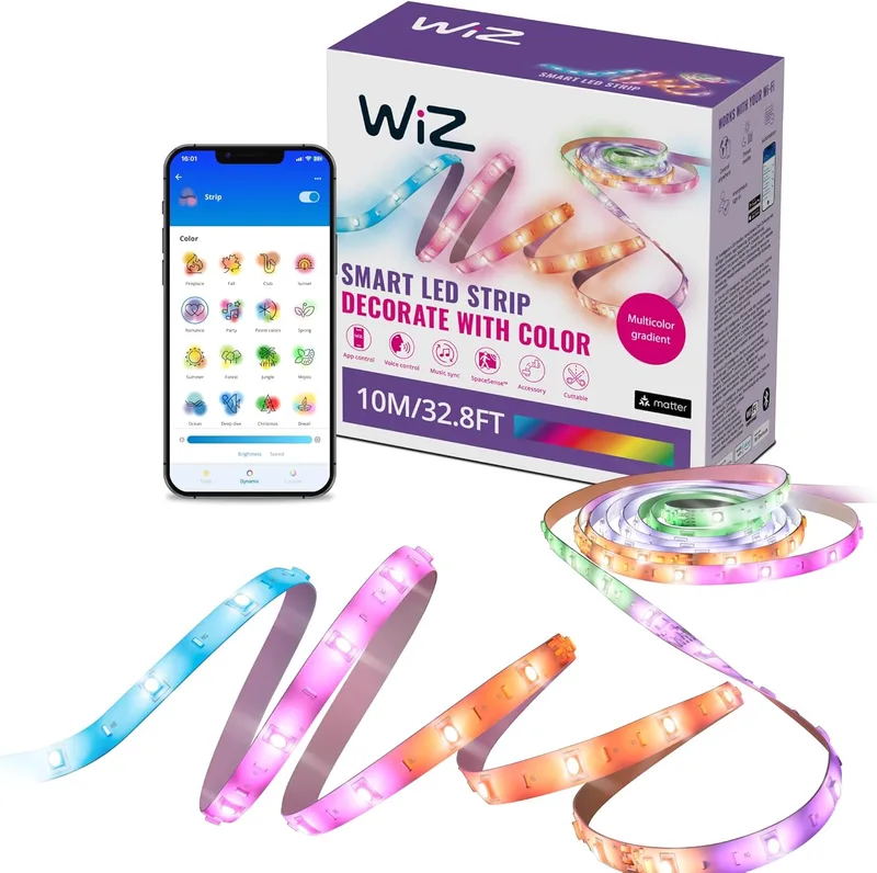 WiZ ▫️ Fita LED inteligente de 10 m, RGBIC, inclui fonte de alimentação, até 16 milhões de cores, liga-se via Wi-Fi, com tecnologia SpaceSense, controlo através da aplicação ou por voz e compatível com a Alexa e o Google Home