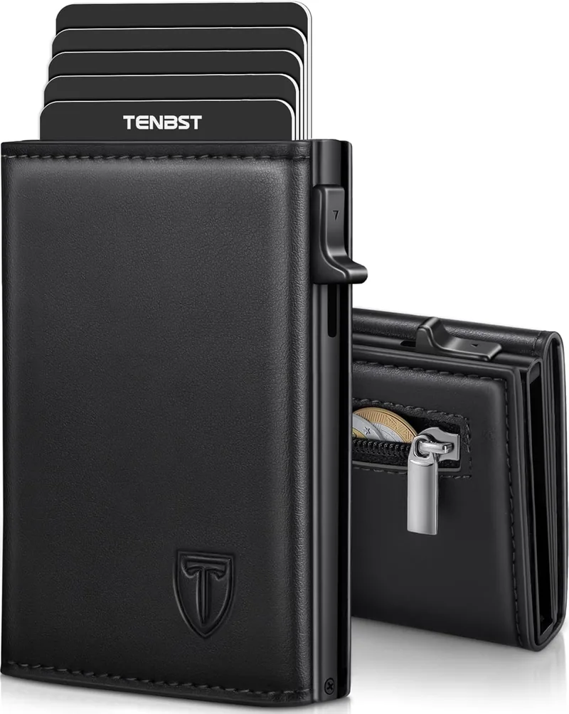 TENBST ▫️ Carteira de couro para homem porta-cartões com bloqueio RFID, carteira de crédito para homem pequena, carteira para notas e moedas com caixa de oferta