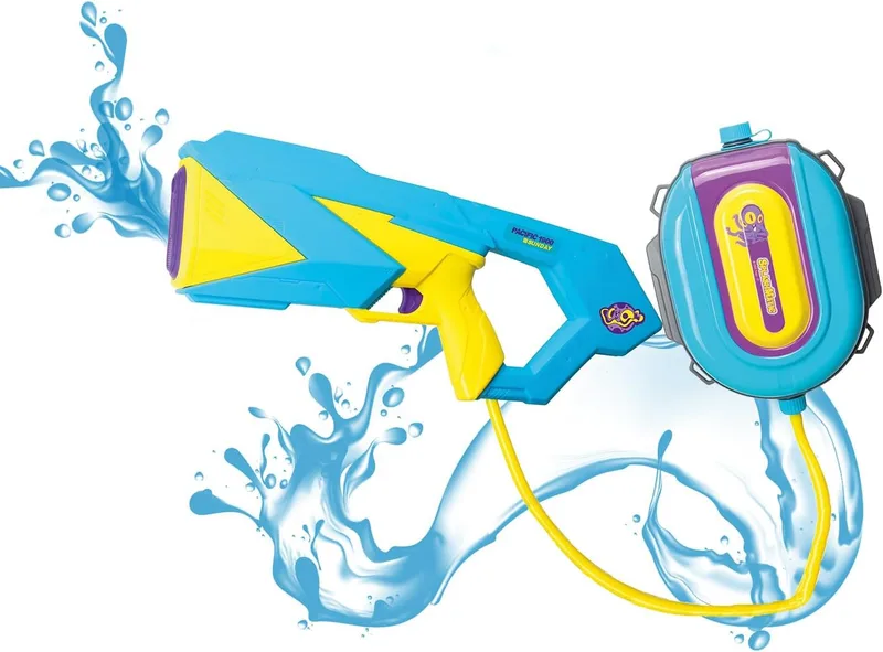ODS ▫️ Splashmatic Pacific 1900 - Mochila com pistola de água e bateria recarregável via USB, pistola de água de 48 cm, capacidade do depósito de 1900 ml, idade recomendada: +6 anos, cor: azul e amarelo, 42688