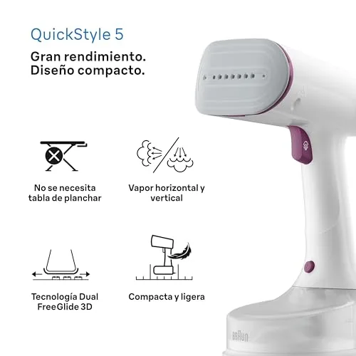 Braun ▫️ QuickStyle 5 GS5011PU, Prancha vertical com placas duplas FreeGlide 3D, vaporizador vertical com aquecimento rápido, vapor 22 g/min, capacidade 150 ml, 1200 W, branco/roxo 3