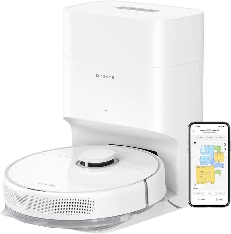 DREAME D10 Plus Gen 2 2-em-1 Robot Aspirador e Esfregona com Base Auto-esvaziante, 6.000Pa, Navegação LiDAR, 20MM de distância de obstáculos, Mapa Multi-Camada, Bateria 5200 mAh, Branco