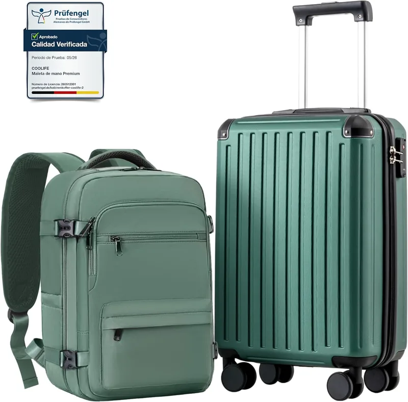 COOLIFE ▫️ Mala de cabine 55 x 40 x 20 cm para voos da Ryanair, bagagem de mão, bagagem de cabine, mala rígida com fechadura TSA e 4 rodas duplas (Verde Escuro, 55 x 35 x 20 cm - Conjunto de 2 peças)