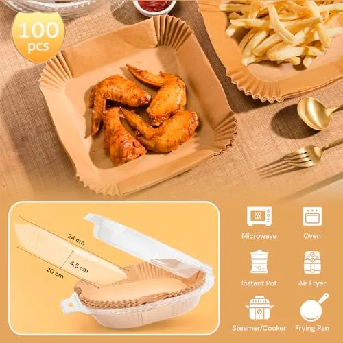 edihome ▫️ Papel para Fritadeira de Ar Quente, Air Fryer, 100 unidades, 20-24 cm, sem BPA, descartável, para forno, acessórios para fritadeira sem óleo de 5 a 8 litros (20-24 cm, quadrado) 2