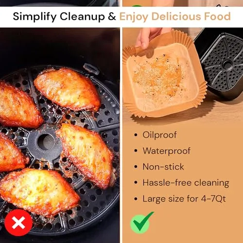edihome ▫️ Papel para Fritadeira de Ar Quente, Air Fryer, 100 unidades, 20-24 cm, sem BPA, descartável, para forno, acessórios para fritadeira sem óleo de 5 a 8 litros (20-24 cm, quadrado) 4